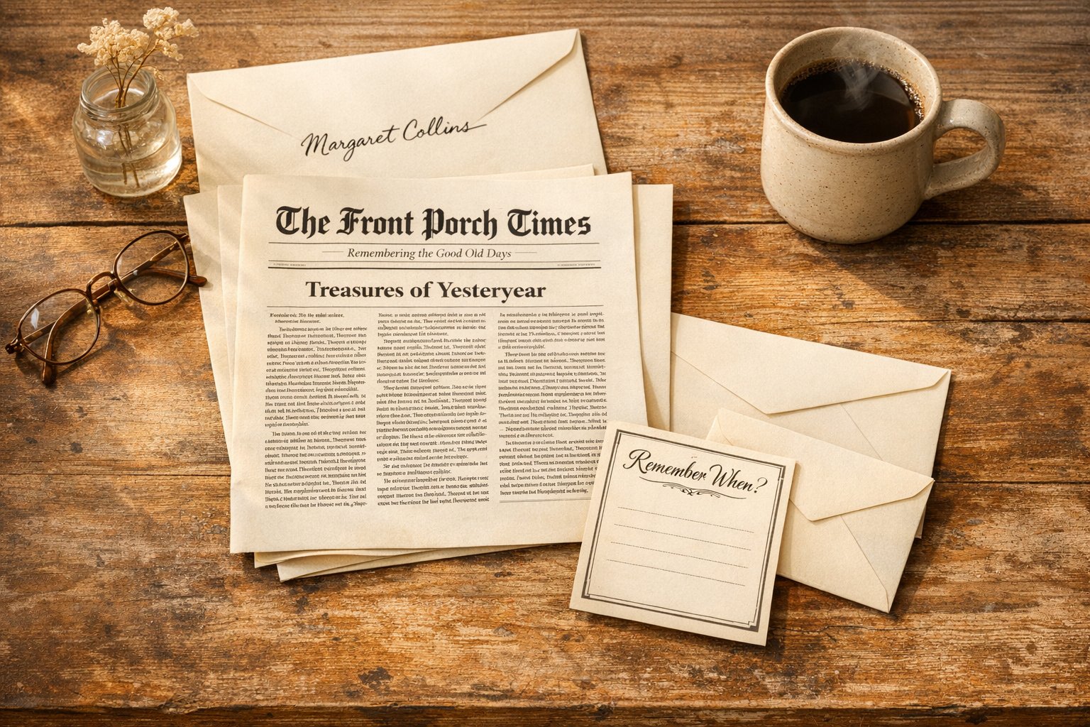 The Front Porch Times newspaper, reply card, and envelope arranged on a wooden kitchen table with coffee and reading glasses